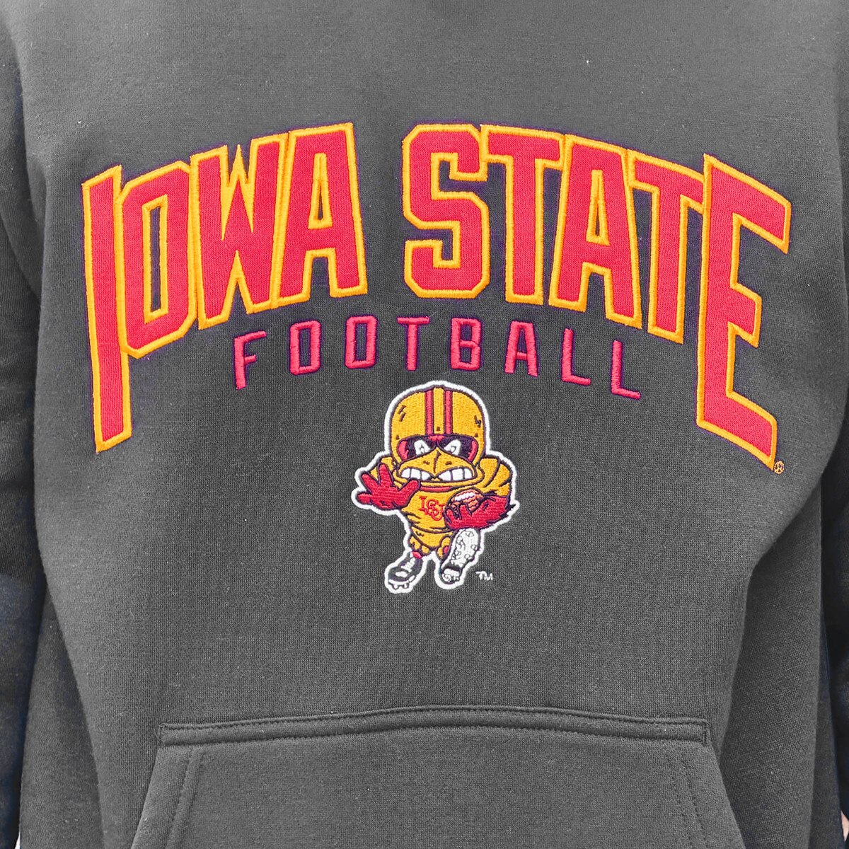 Champion Iowa State Football with Football Cy Black Hooded Sweatshirt SMU design close up